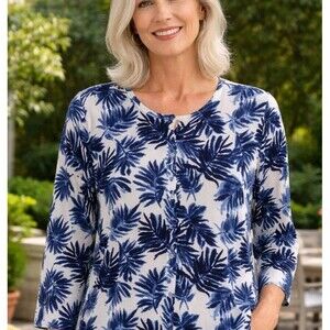 Garnet Hill Womens Ivory Blue Black Floral Merino Wool Cardigan Sweater Size L